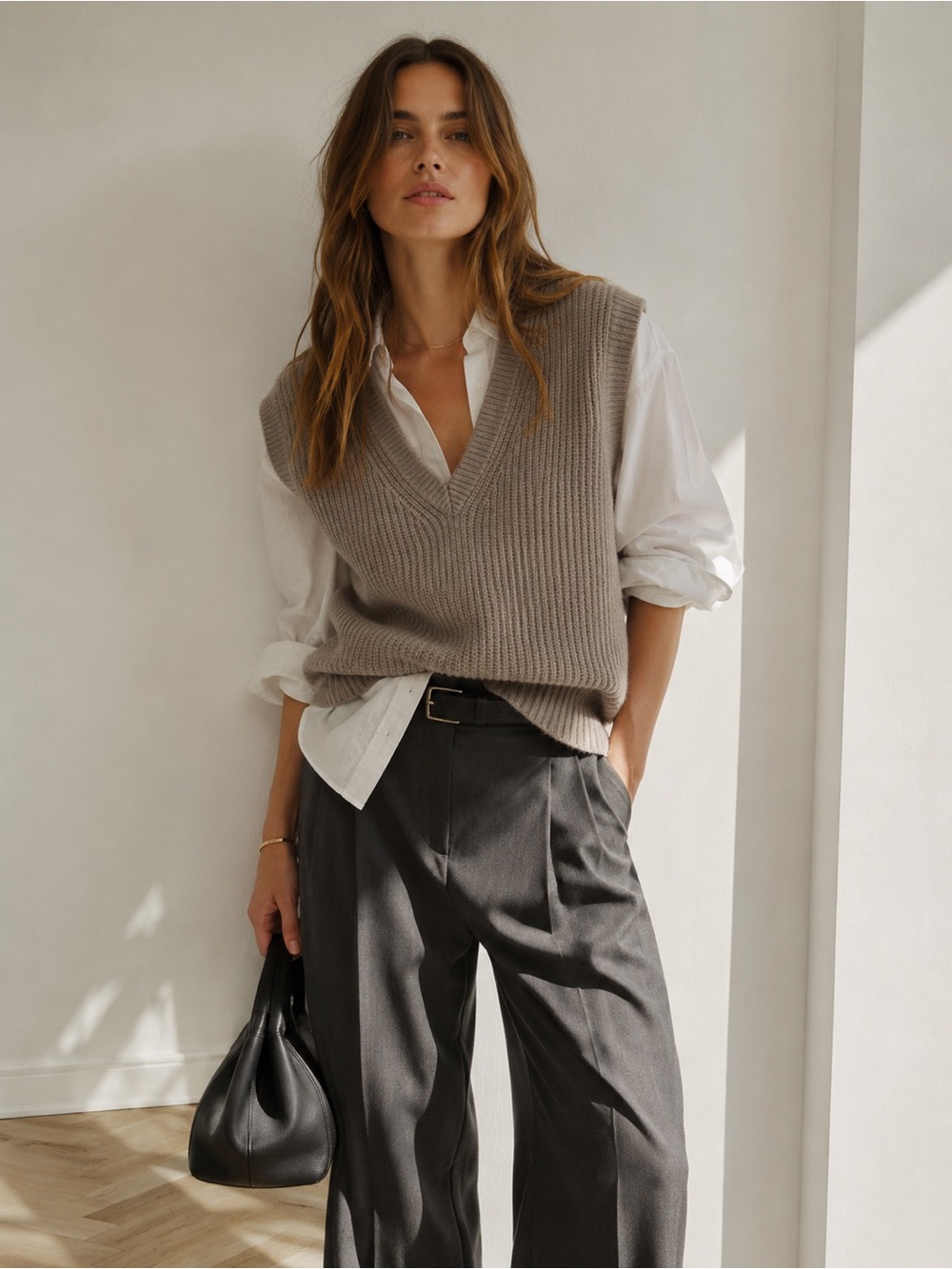 Lisa Yang Cashmere Ribbed V-Neck Sweater Vest Taupe